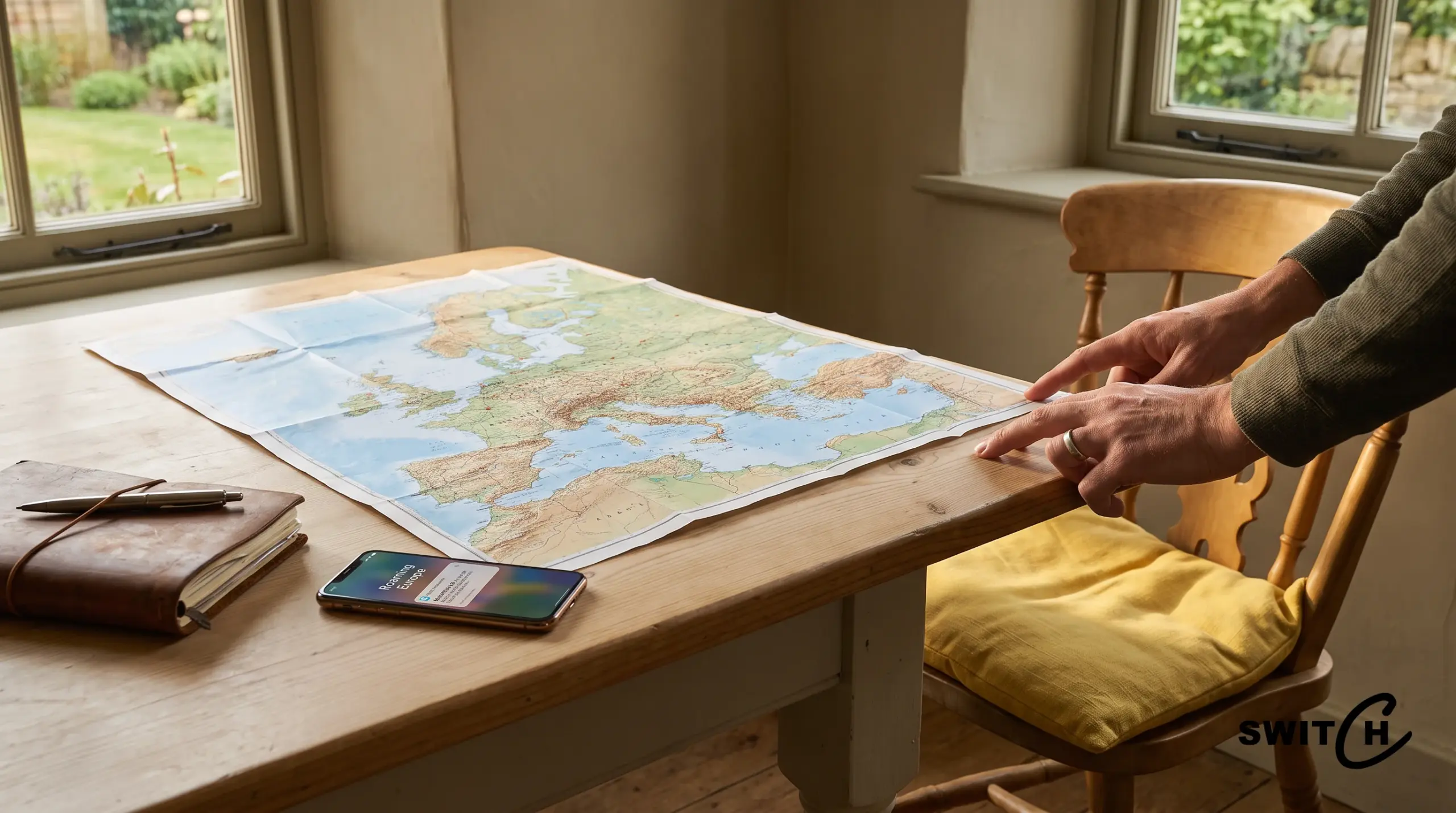 Carte de l'Europe et smartphone sur une table pour le roaming Europe forfait sans surcoût.