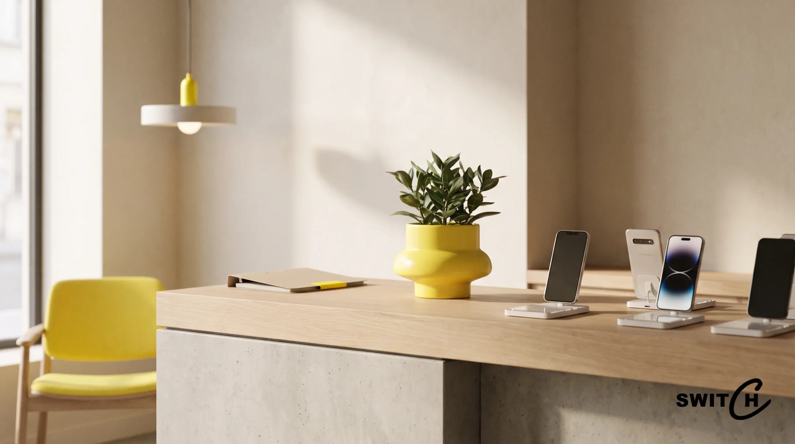 Intérieur moderne d'une boutique de téléphonie, présentoirs de téléphones et comptoir d'accueil pour trouver boutique téléphonie proche.
